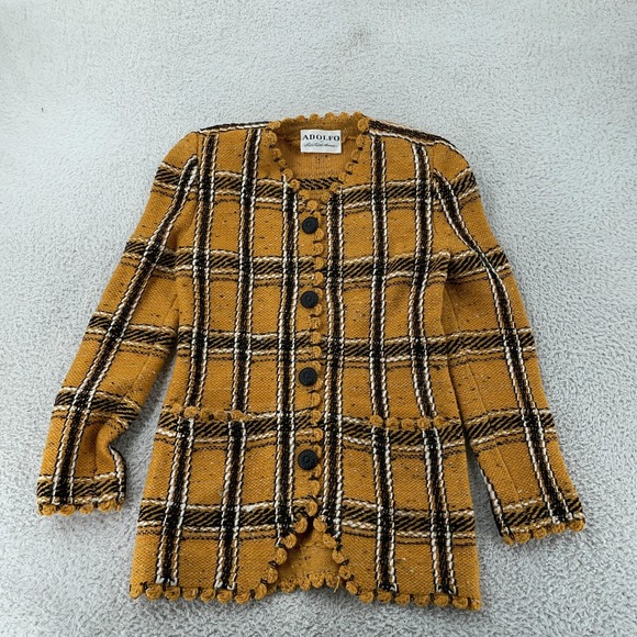 Adolfo Sweaters - Vintage Adolfo Saks Fifth Avenue Sweater Jacket Women's Small Yellow Plaid 80s